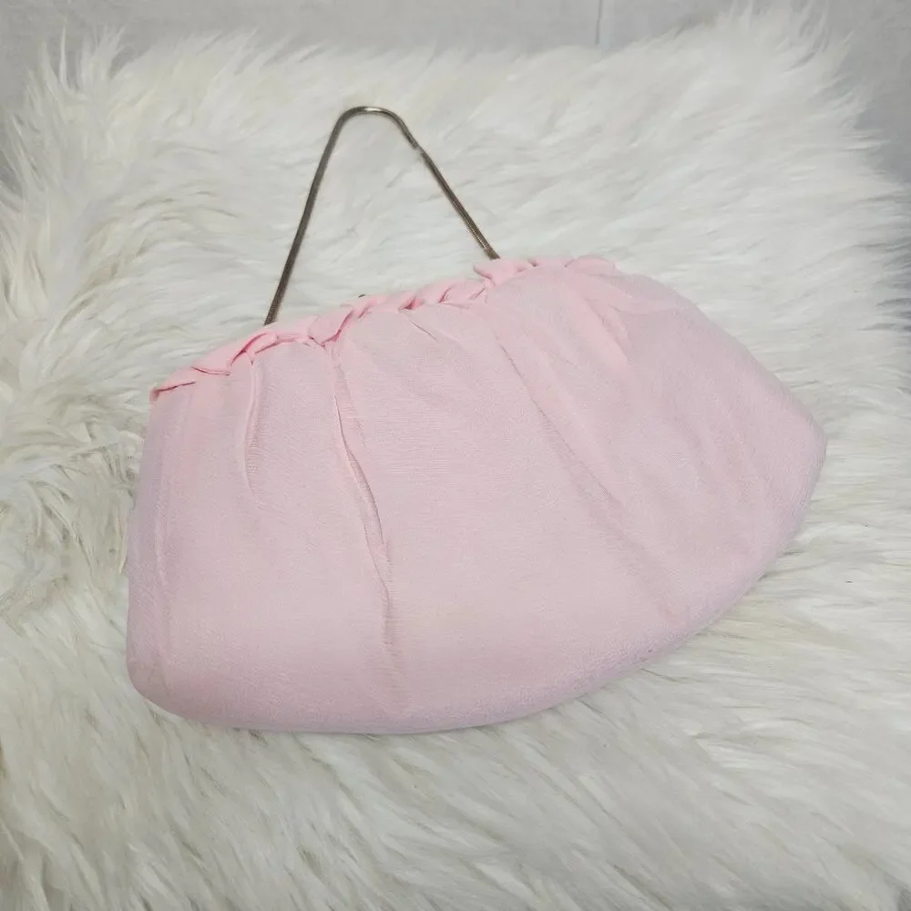 Vintage Harry Levine HL Pink Ruffled Chiffon Clutch Gold Coil Handle - MCM